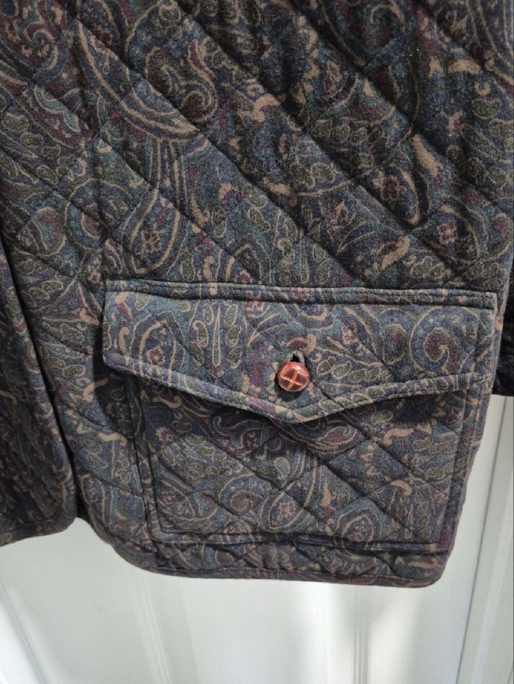Jones Wear Quilted Paisley Puffer Jacket in Navy with Subtle Multicolor Accents - Picture 5 of 7